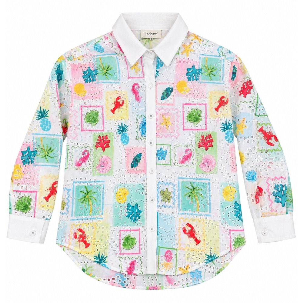 Taelynn Coastal Eyelet Button Down Shirt Multi Color Lobster Palm Linen blend L
